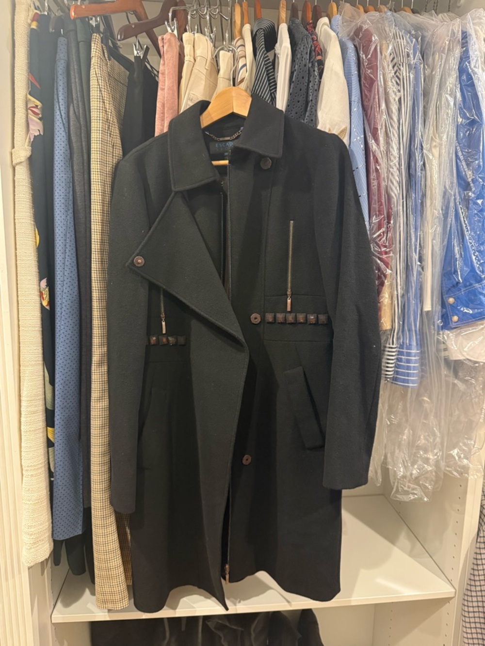 Escada Black Long Wool Trench Coat with Button Trim